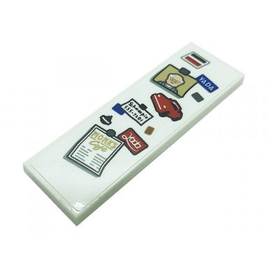 white tile 2 x 6 with magnets yada car schmoopie 555-7x01 monks cafe menu and old man minifigure photo pattern sticker - set 21328