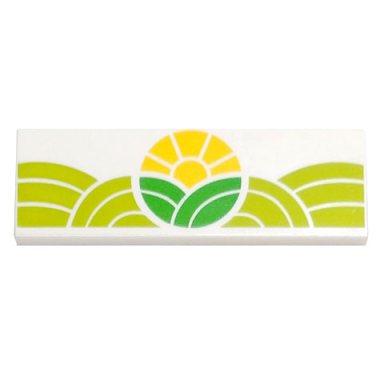 white tile 2 x 6 with bright green and lime hills and yellow sun pattern