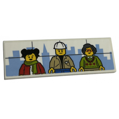 white tile 2 x 6 with bright light blue city skyline and 3 minifigures pattern sticker - set 40574