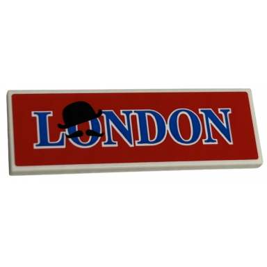 white tile 2 x 6 with blue london black bowler hat and moustache on red background pattern sticker - set 40569