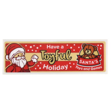 white tile 2 x 6 with santa minifigure teddy bear and white and gold have a toyful holiday and santas toys and games pattern sticker - set 10308
