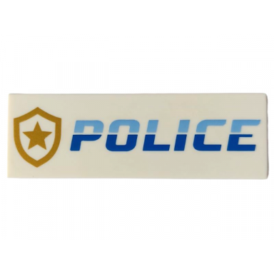 white tile 2 x 6 with bright light blue and blue police and gold star badge logo pattern