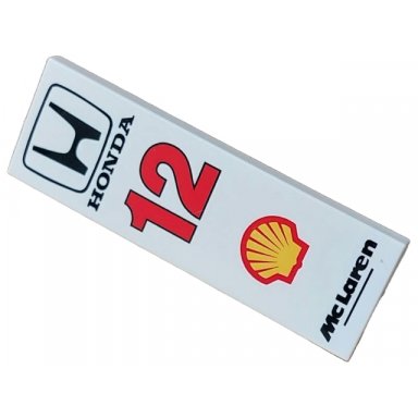 white tile 2 x 6 with black mclaren and honda yellow shell logo and red 12 pattern