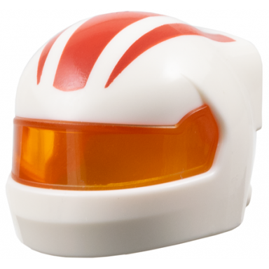 white minifigure headgear helmet formula 1 with molded trans-orange visor and printed red stripes pattern