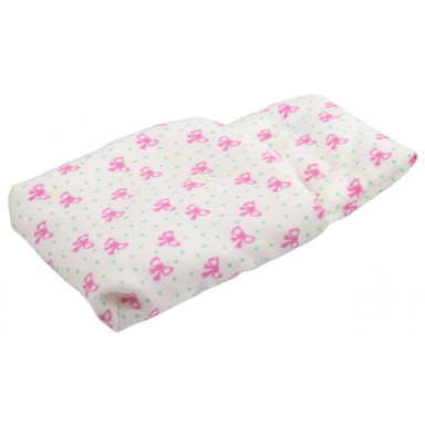 white scala cloth sleeping bag babys with medium green dots and dark pink bows pattern