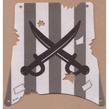 white cloth sail with cannonball damage with dark gray stripes and black crossed swords pattern