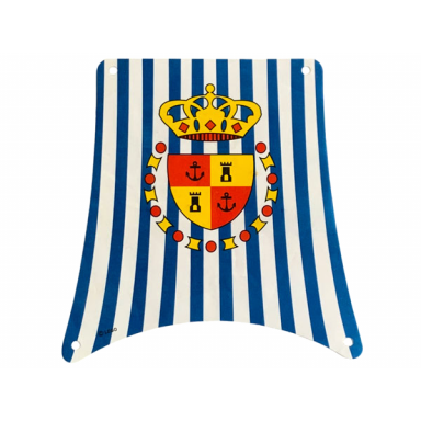 white cloth sail main with blue stripes red and yellow crown and shield pattern