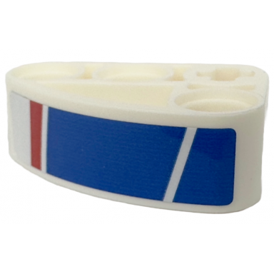 white technic liftarm modified l-shape quarter ellipse thick 2 x 3 with red and blue stripes pattern model right side sticker - set 42153
