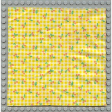 white scala cloth blanket 17 x 17 with yellow check stripes and cherries pattern