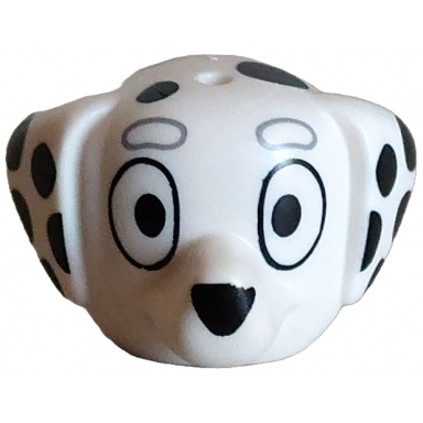 white minifigure head modified dog dalmatian with pointed ears hole on top with black eyes nose and spots light bluish gray eyebrows pattern