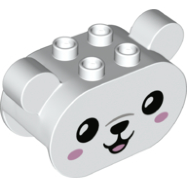white duplo brick 2 x 4 x 2 1 2 rounded ends ears on sides with black eyes nose and mouth and bright pink cheeks and tongue polar bear head pattern