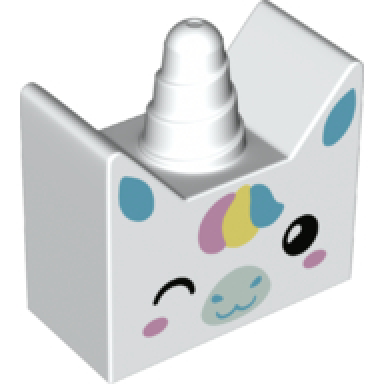 white duplo brick 2 x 4 x 3 1 2 ears on sides and horn with unicorn face pattern