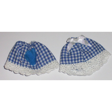 white belville clothes skirt long with blue and white check pattern lace trim bow on back