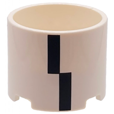 white brick round 3 x 3 x 2 with recessed center and axle hole with 2 black rectangles pattern