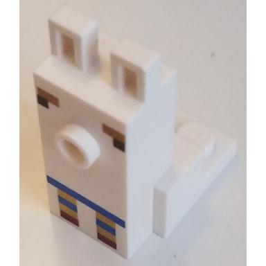 white creature head pixelated with elongated face and stud with black eyes medium nougat eyebrows and blue dark red and gold scarf pattern minecraft alpaca llama