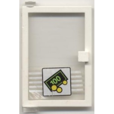 white door 1 x 4 x 5 left with trans-clear glass and bill coins pattern sticker - set 1490