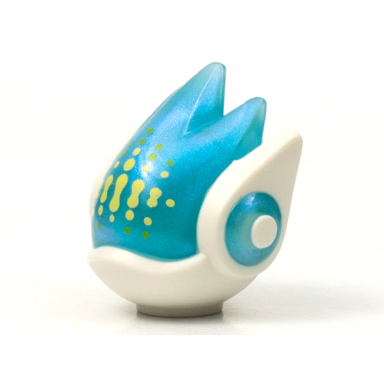 white minifigure head modified alien with satin trans-blue face and spikes and yellowish green and lime dots on forehead pattern