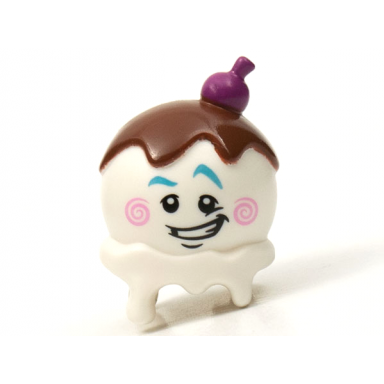 white minifigure head modified ice cream scoop with purple cherry reddish brown topping medium azure eyebrows and bright pink cheek spirals pattern