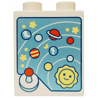 white duplo brick 1 x 2 x 2 with bottom tube with solar system bright light yellow light aqua and reddish orange stars planets sun and joystick on metallic light blue background pattern