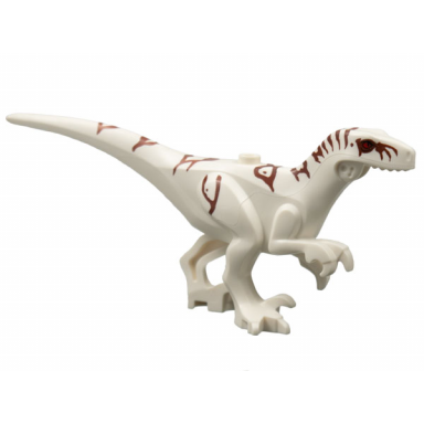 white dinosaur body atrociraptor with reddish brown stripes red eyes pattern