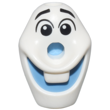 white minifigure head modified olaf with hole on top with molded medium blue mouth and nose and printed black raised eyebrows and eyes with glints to right pattern