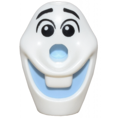 white minifigure head modified olaf with hole on top with molded bright light blue mouth and nose and printed black raised eyebrows and eyes with glints to right pattern