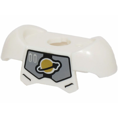white minifigure armor breastplate with shoulder pads and 2 back studs with light bluish gray panels and gold and black classic space logo pattern bam