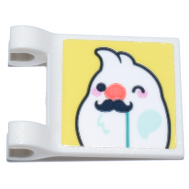 white flag 2 x 2 square with flared edge with white bird face winking with coral nose and black moustache mask pattern sticker - set 41806