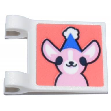 white flag 2 x 2 square with flared edge with bright pink chihuahua dog with white and blue party hat pattern sticker - set 41806