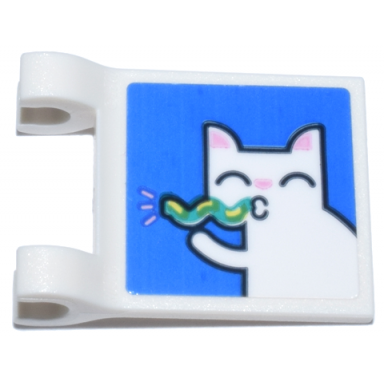 white flag 2 x 2 square with flared edge with white cat with bright pink ears and nose and dark turquoise party blower pattern sticker - set 41806