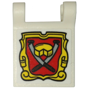 white flag 2 x 2 square with flared edge with red shield yellow frame and cheese and knives pattern on both sides stickers - set 10332