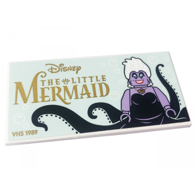 white tile modified 4 x 8 inverted with studs on edges with ursula minifigure gold disney the little mermaid and vhs 1989 on light aqua background pattern sticker - set 43227