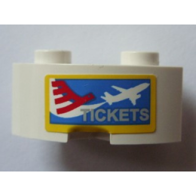 white brick round corner 2 x 2 macaroni with stud notch and reinforced underside with airplane and tickets pattern sticker - set 3182