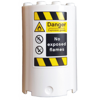 white cylinder half 2 x 4 x 5 with 1 x 2 cutout with danger no exposed flames and black and yellow danger stripes pattern sticker - set 76037