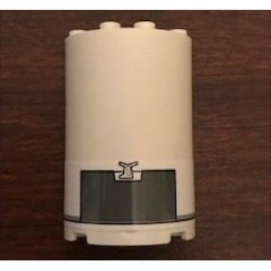 white cylinder half 2 x 4 x 5 with 1 x 2 cutout with sw dark bluish gray hatch pattern sticker - set 75244