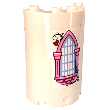 white cylinder half 2 x 4 x 5 with 1 x 2 cutout with bright light blue window with bright pink frame 2 red roses and dark green vines pattern sticker - set 41152