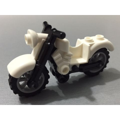 white motorcycle vintage with black chassis and light bluish gray wheels