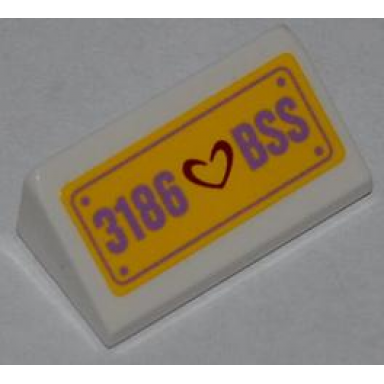 white slope 30 1 x 2 x 2 3 with dark red heart and 3186 bss pattern sticker - set 3186