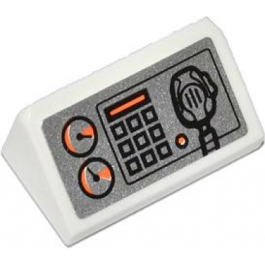 white slope 30 1 x 2 x 2 3 with gauges buttons orange bar and radio on silver background pattern sticker - set 60014