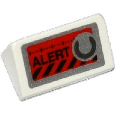 white slope 30 1 x 2 x 2 3 with alert black danger stripes and silver knob on red background pattern sticker - set 70161