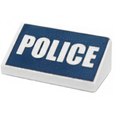 white slope 30 1 x 2 x 2 3 with white police on dark blue background pattern