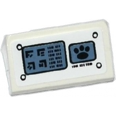 white slope 30 1 x 2 x 2 3 with control panel with rivets and alien characters and paw print on screens pattern sticker - set 70223