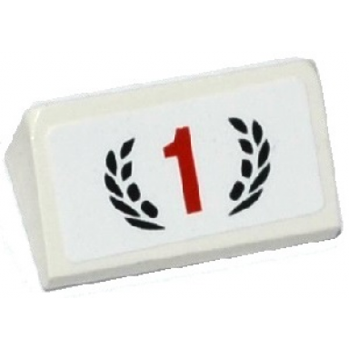 white slope 30 1 x 2 x 2 3 with red number 1 in black laurels pattern sticker - set 75912