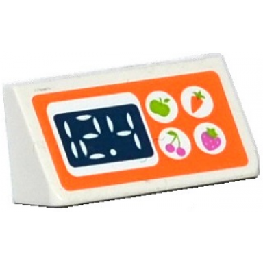 white slope 30 1 x 2 x 2 3 with apple carrot cherry and strawberry in white circles and 12.4 digital display pattern sticker - set 41108
