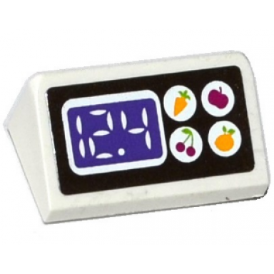 white slope 30 1 x 2 x 2 3 with apple carrot cherry and lemon in white circles and 12.4 digital display pattern sticker - set 41118