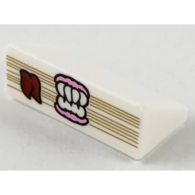 white slope 30 1 x 2 x 2 3 with dark red bookmark pink gums and white teeth pattern