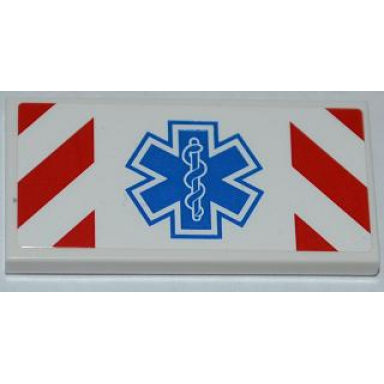 white tile 2 x 4 with red and white danger stripes and emt star of life pattern sticker - set 4429
