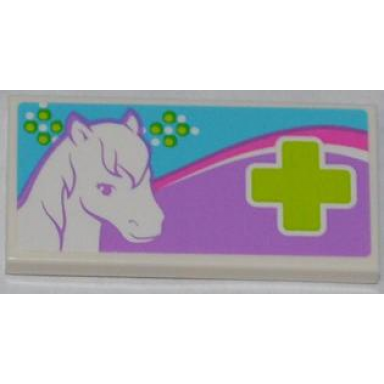 white tile 2 x 4 with white horse head and lime cross pattern sticker - set 3188
