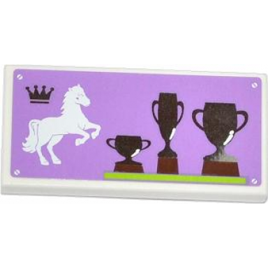 white tile 2 x 4 with crown rearing horse and 3 trophies on medium lavender backgound pattern sticker - set 3185