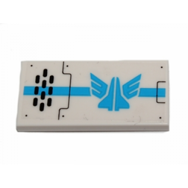 white tile 2 x 4 with blue galaxy squad logo and black oval holes grille pattern model left side sticker - set 70701
